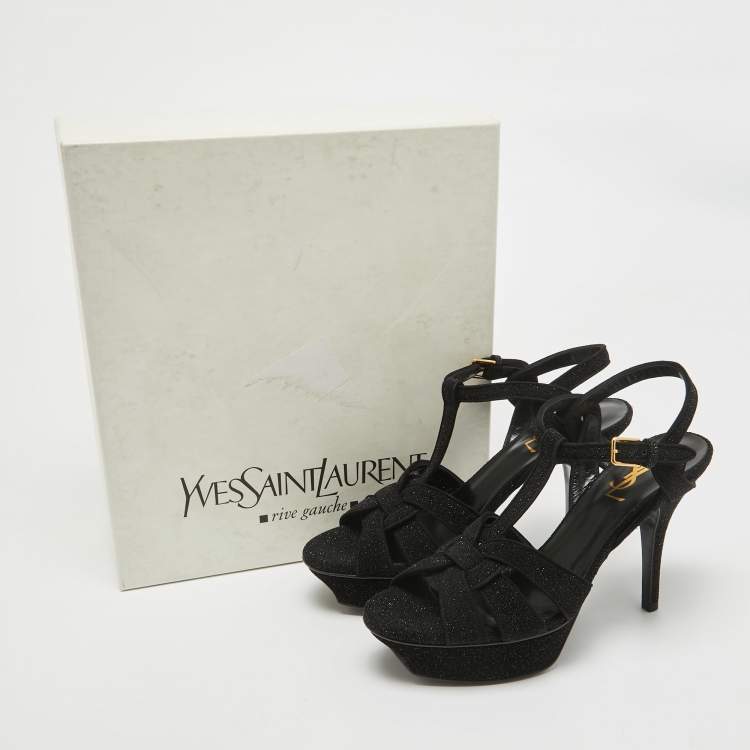 مملوكة مسبقًا Saint Laurent Black Glitter Suede Tribute  Sandals Size 37