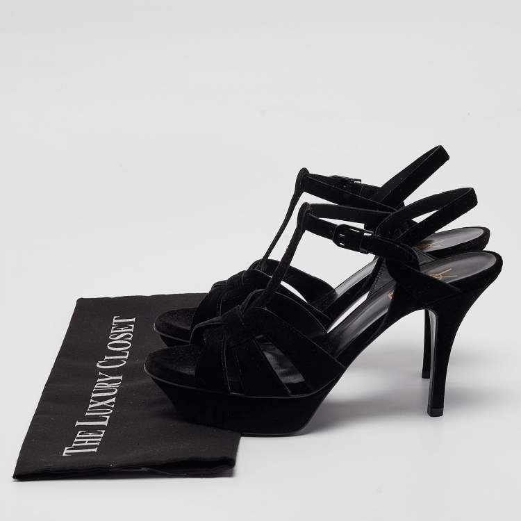 Pre Owned Saint Laurent Black Velvet Tribute Sandals Size 38.5