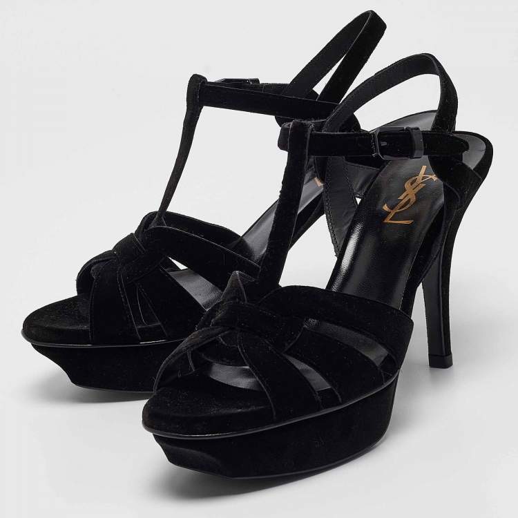 Pre Owned Saint Laurent Black Velvet Tribute Sandals Size 38.5