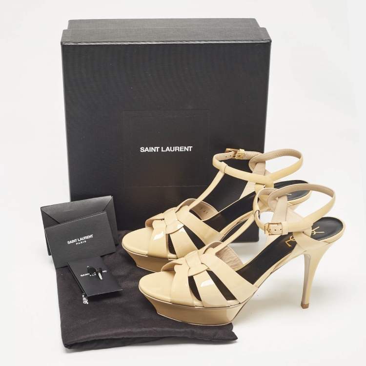 مملوكة مسبقًا Saint Laurent Beige Patent Leather Tribute Platform Sandals 41