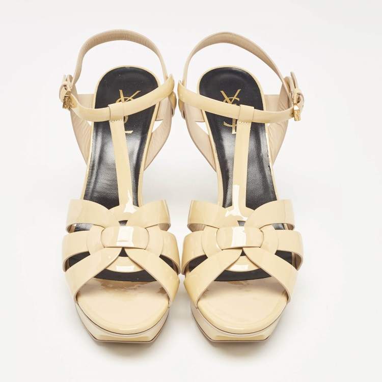 مملوكة مسبقًا Saint Laurent Beige Patent Leather Tribute Platform Sandals 41