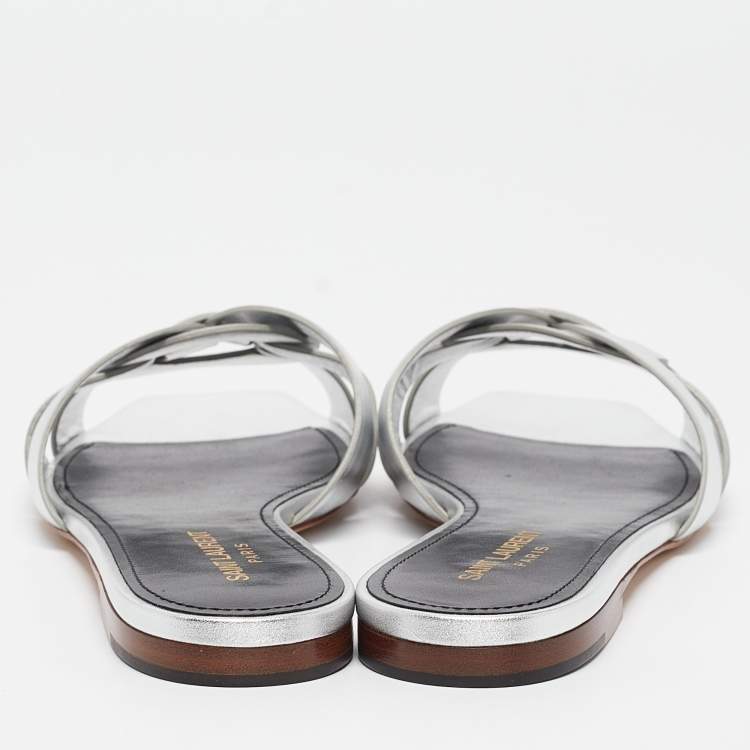 Pre Owned Saint Laurent Silver Leather Tribute Flat Slides Size 39
