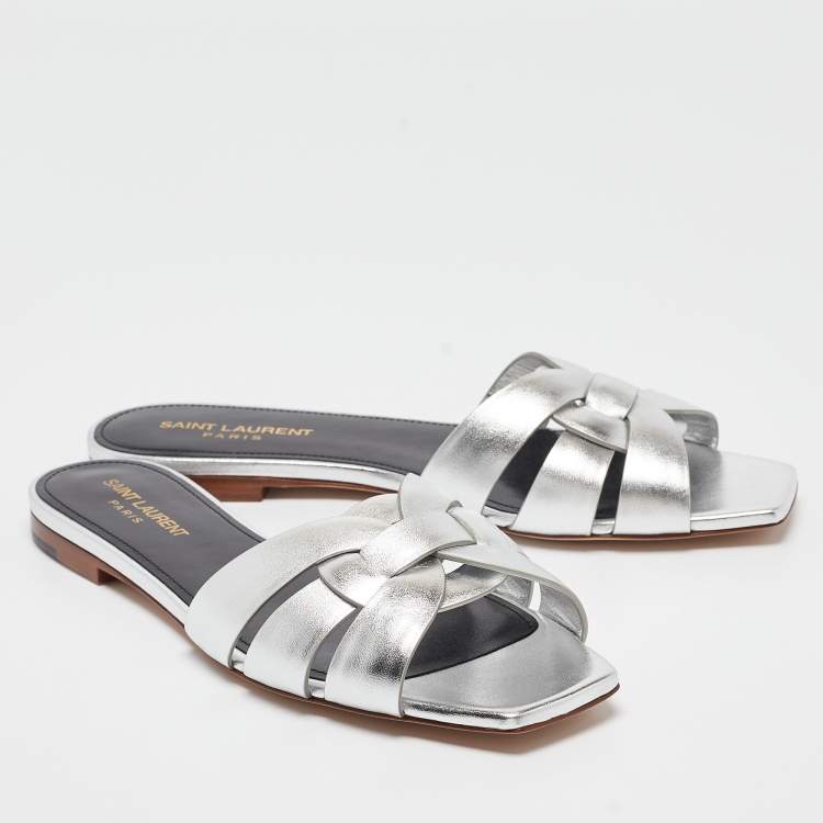 Pre Owned Saint Laurent Silver Leather Tribute Flat Slides Size 39