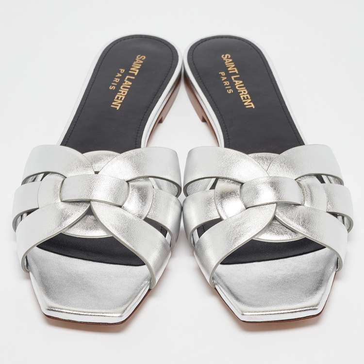 Pre Owned Saint Laurent Silver Leather Tribute Flat Slides Size 39