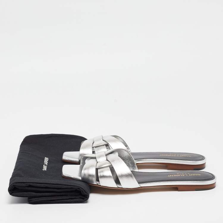 Pre Owned Saint Laurent Silver Leather Tribute Flat Slides Size 39