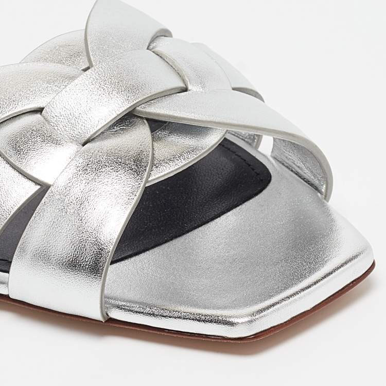 Pre Owned Saint Laurent Silver Leather Tribute Flat Slides Size 39