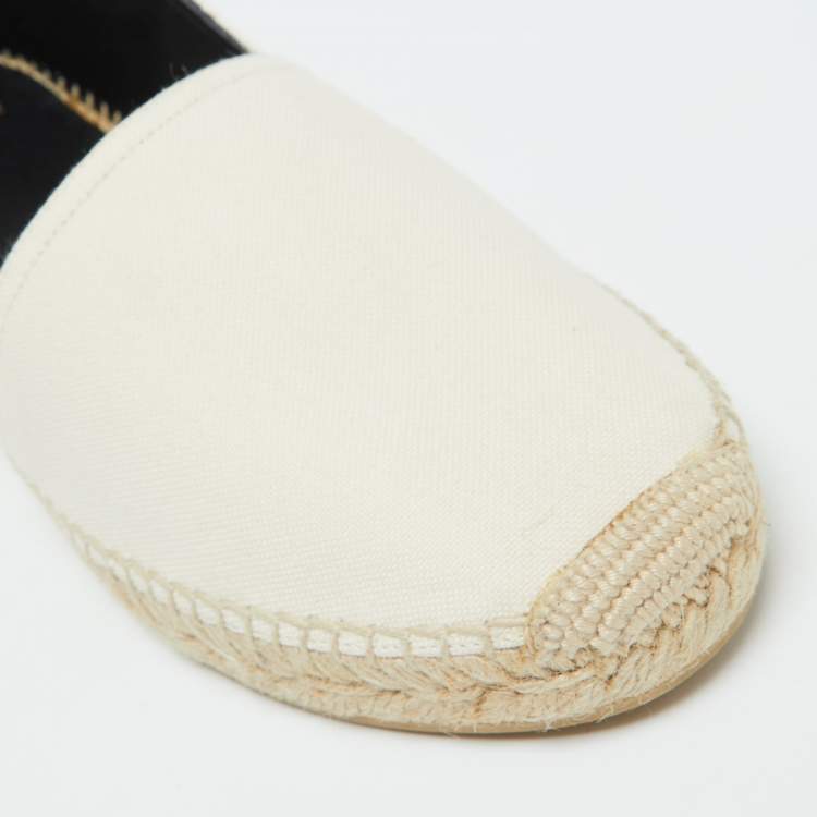Pre Owned Saint Laurent Beige Canvas Embroidered Slip On Espadrille Loafers Size 38