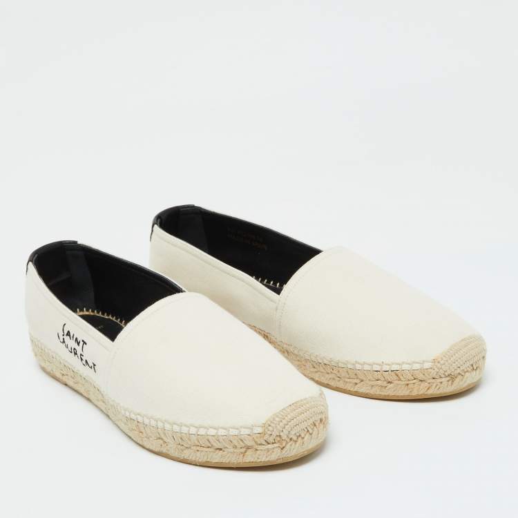 Pre Owned Saint Laurent Beige Canvas Embroidered Slip On Espadrille Loafers Size 38