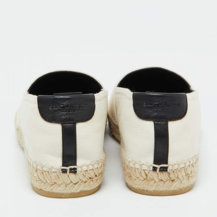 Pre Owned Saint Laurent Beige Canvas Embroidered Slip On Espadrille Loafers Size 38