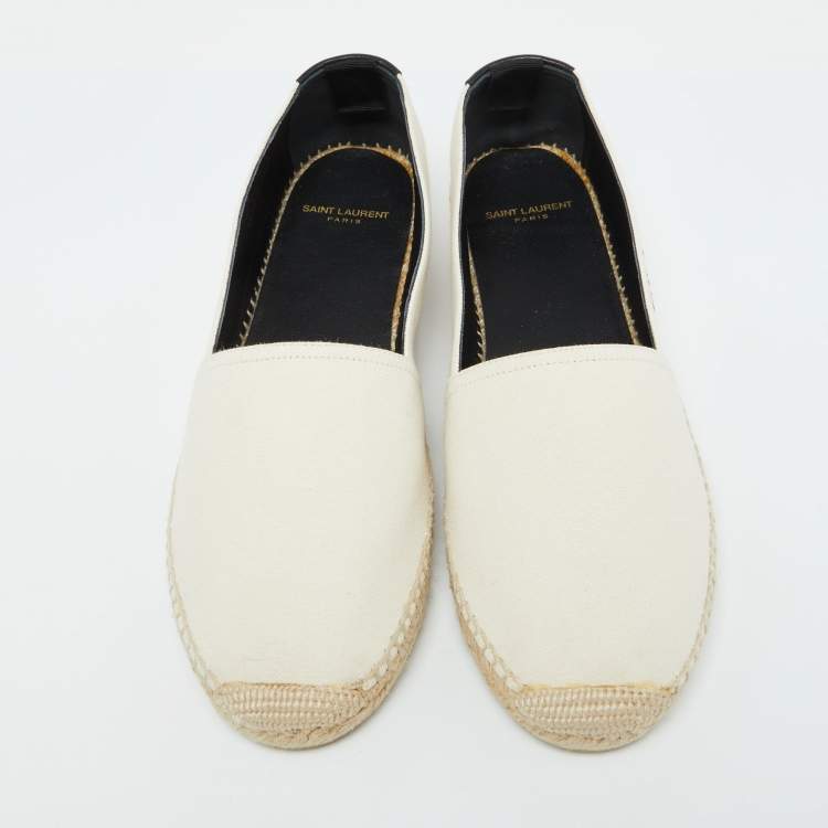 Pre Owned Saint Laurent Beige Canvas Embroidered Slip On Espadrille Loafers Size 38