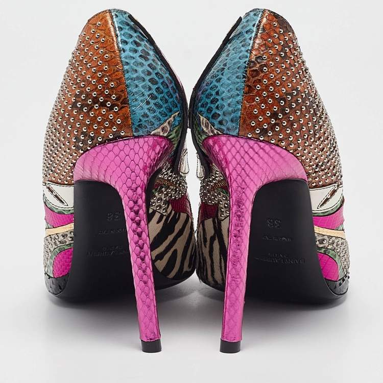 Pre Owned Saint Laurent Multicolor Snakeskin and Calf Hair Anja Pumps Size 38