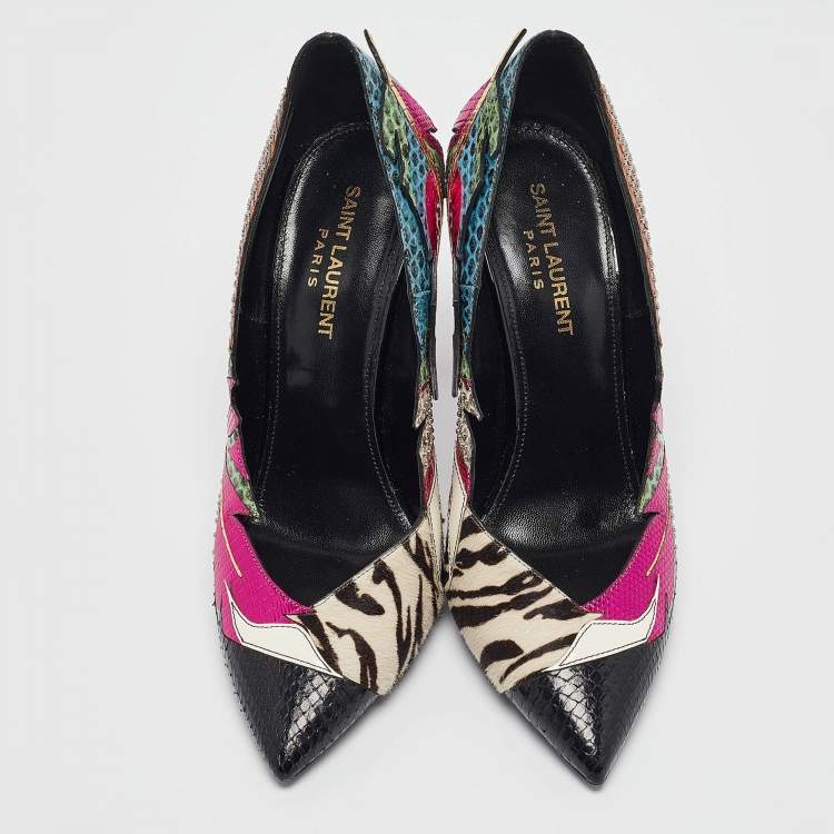 Pre Owned Saint Laurent Multicolor Snakeskin and Calf Hair Anja Pumps Size 38