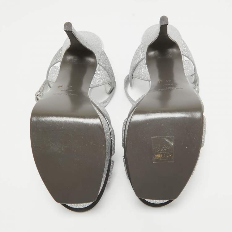 Pre Owned Saint Laurent Silver Glitter Tribute Sandals Size 41
