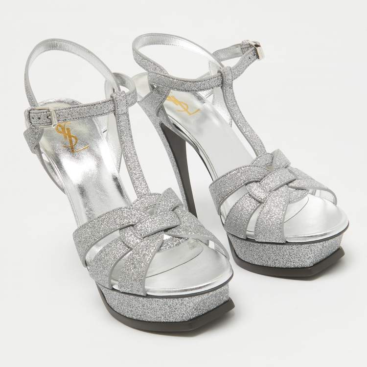 Pre Owned Saint Laurent Silver Glitter Tribute Sandals Size 41