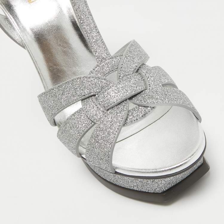 Pre Owned Saint Laurent Silver Glitter Tribute Sandals Size 41