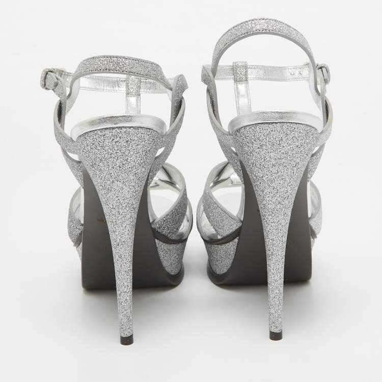Pre Owned Saint Laurent Silver Glitter Tribute Sandals Size 41