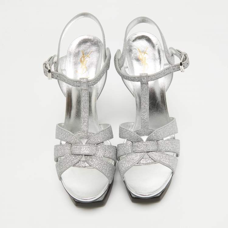 Pre Owned Saint Laurent Silver Glitter Tribute Sandals Size 41