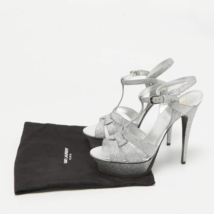 Pre Owned Saint Laurent Silver Glitter Tribute Sandals Size 41