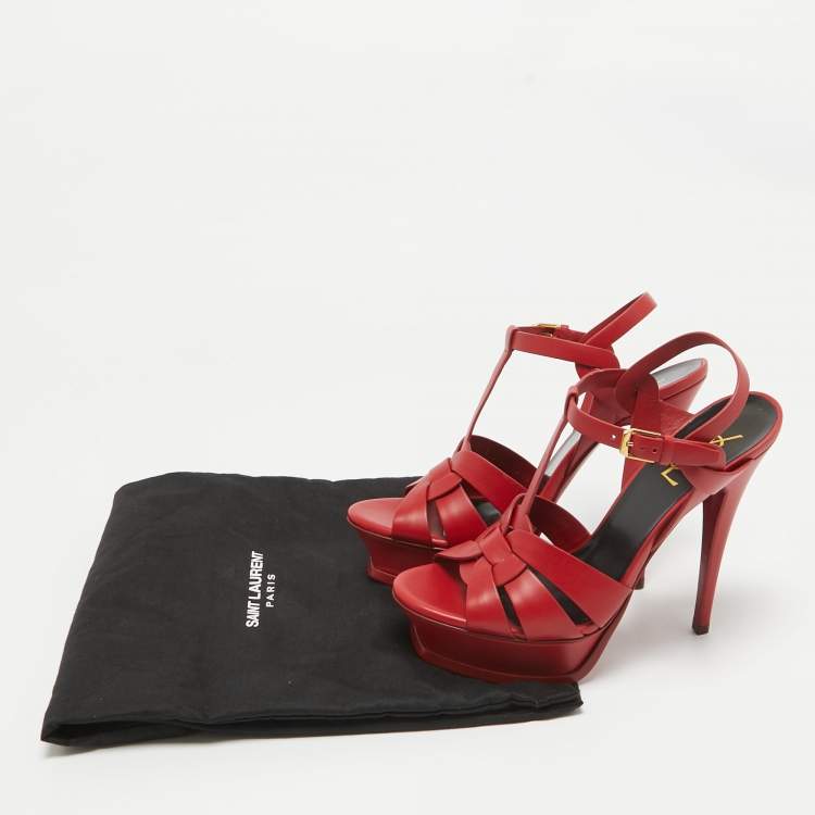 Pre Owned Saint Laurent Red Leather Tribute Platform Sandals Size 38.5