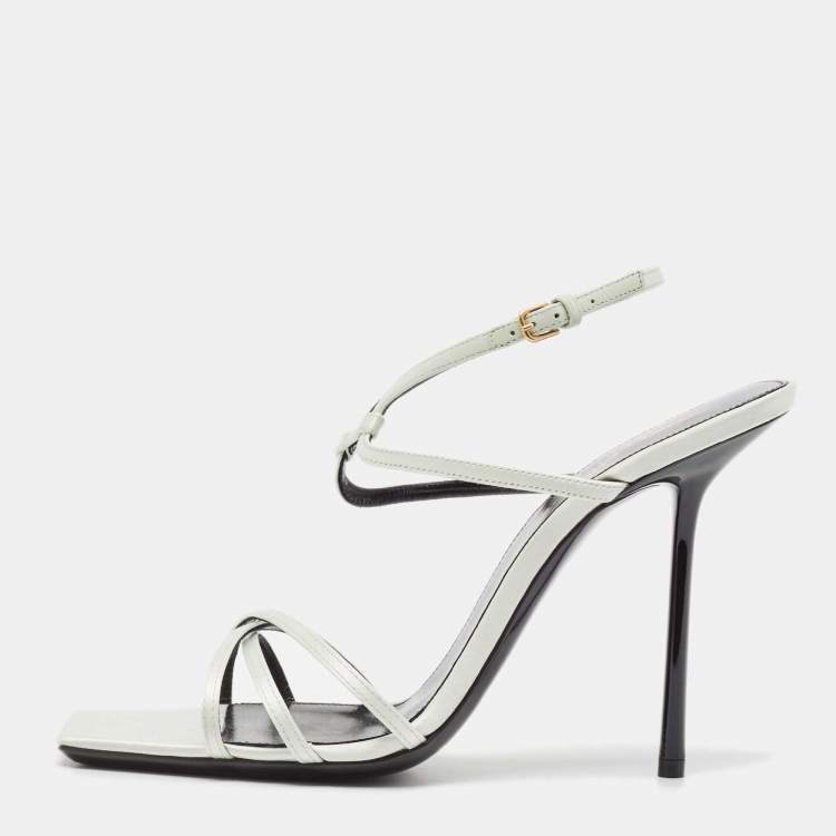 Pre Owned Saint Laurent Pastel Green Satin Ankle Strap Sandals Size 39