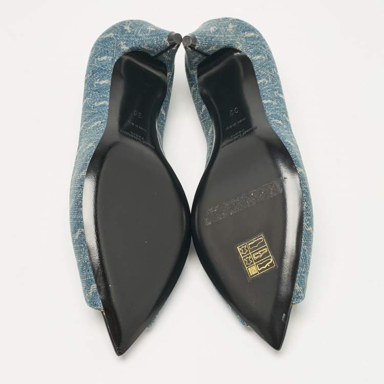 مملوكة مسبقًا Saint Laurent Blue Denim Lora Peep Toe Pumps Size 36