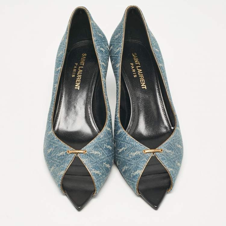 مملوكة مسبقًا Saint Laurent Blue Denim Lora Peep Toe Pumps Size 36