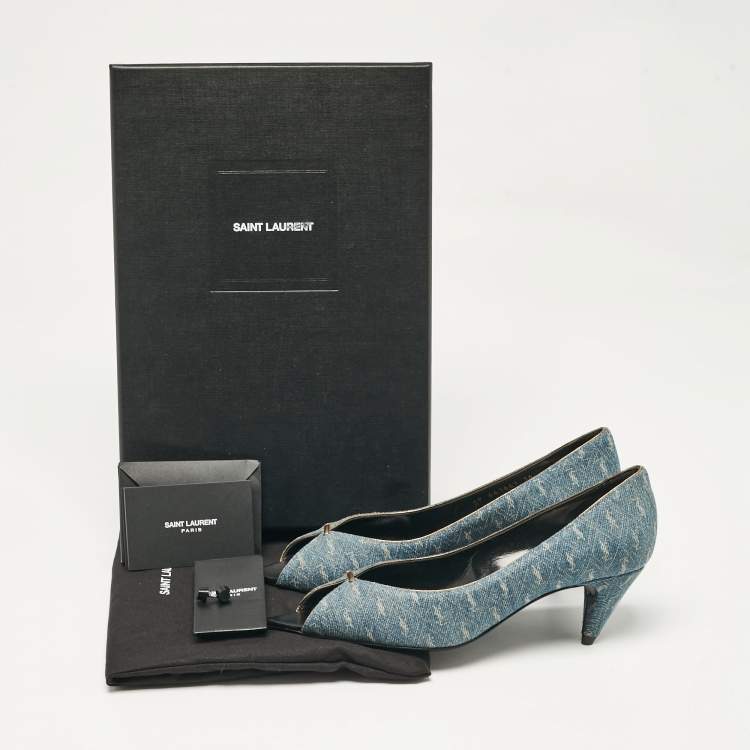 مملوكة مسبقًا Saint Laurent Blue Denim Lora Peep Toe Pumps Size 36