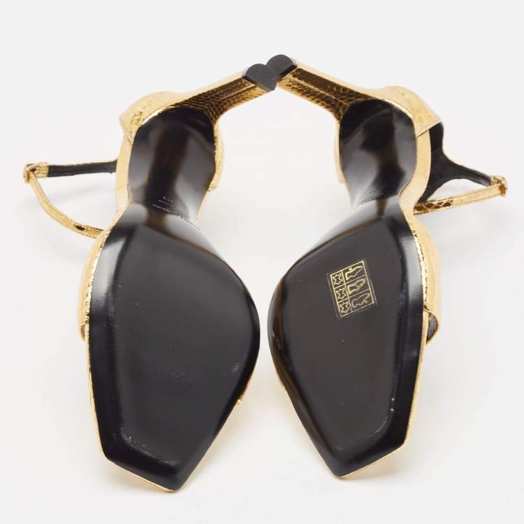 Pre Owned Saint Laurent Gold Python Embossed Leather Amber Ankle Strap Sandals Size 39