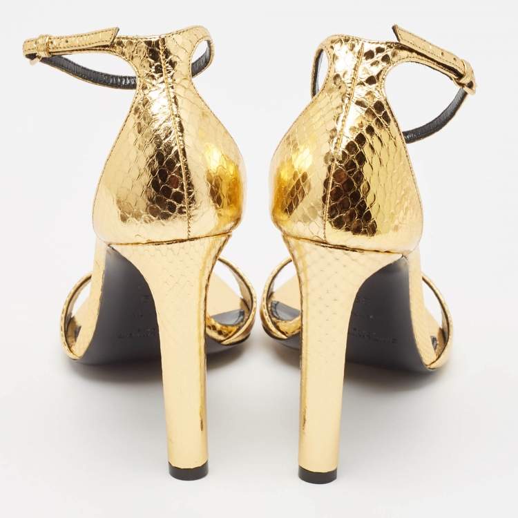 Pre Owned Saint Laurent Gold Python Embossed Leather Amber Ankle Strap Sandals Size 39