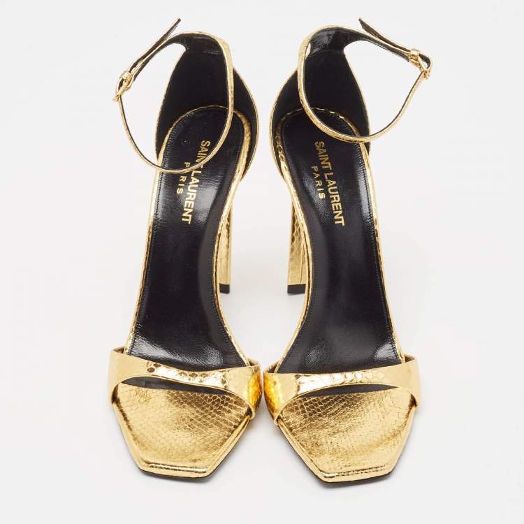 Pre Owned Saint Laurent Gold Python Embossed Leather Amber Ankle Strap Sandals Size 39