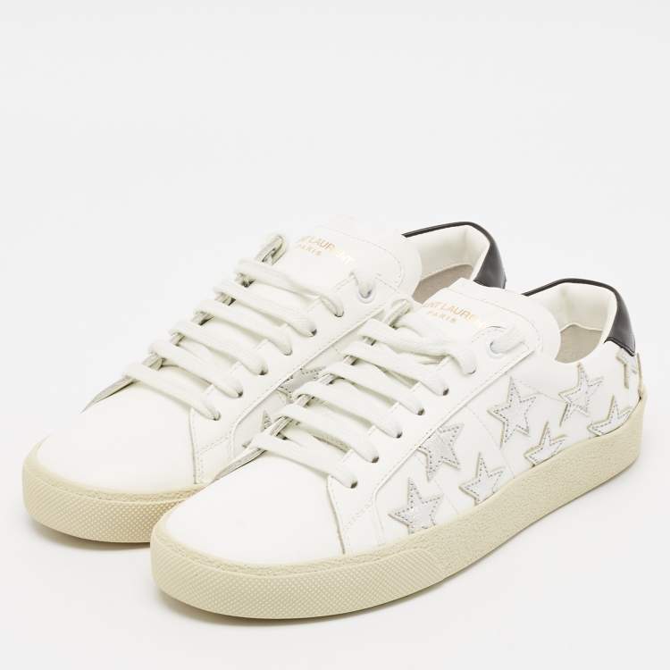 Pre Owned Saint Laurent White/Silver Leather Court Classic Star Sneakers Size 38.5