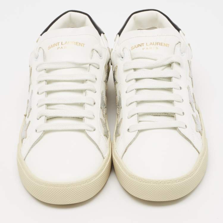 Pre Owned Saint Laurent White/Silver Leather Court Classic Star Sneakers Size 38.5