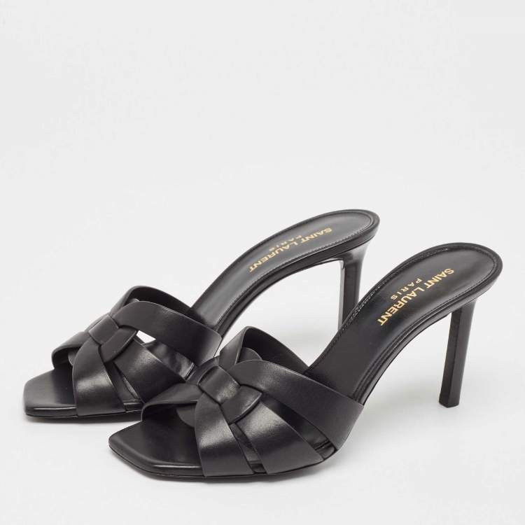 Pre Owned Saint Laurent Black Leather Tribute Slides Sandals Size 38.5