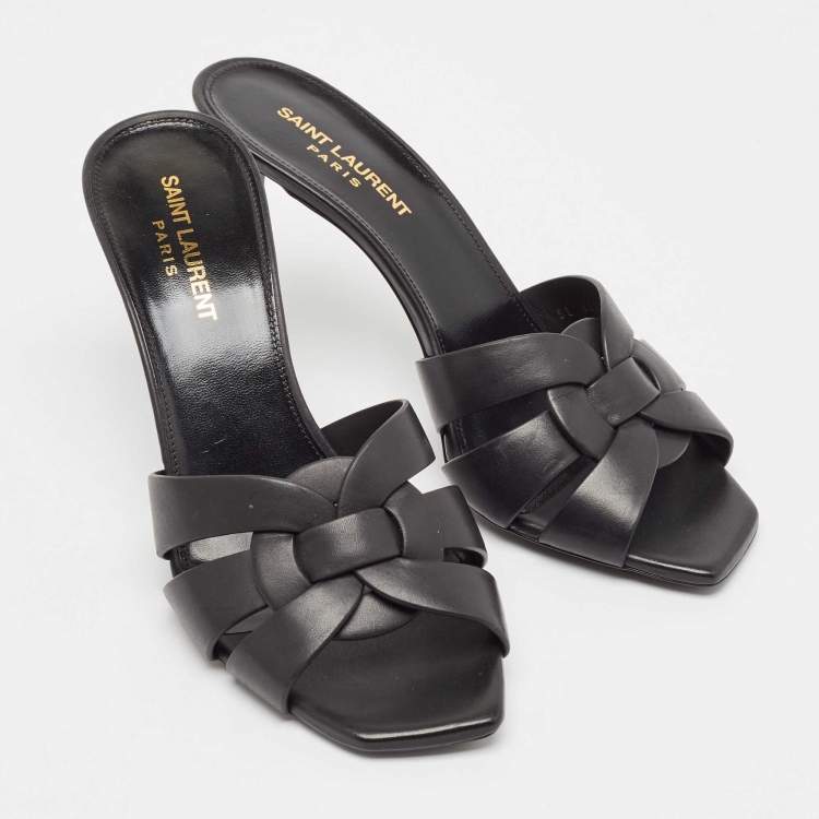 Pre Owned Saint Laurent Black Leather Tribute Slides Sandals Size 38.5