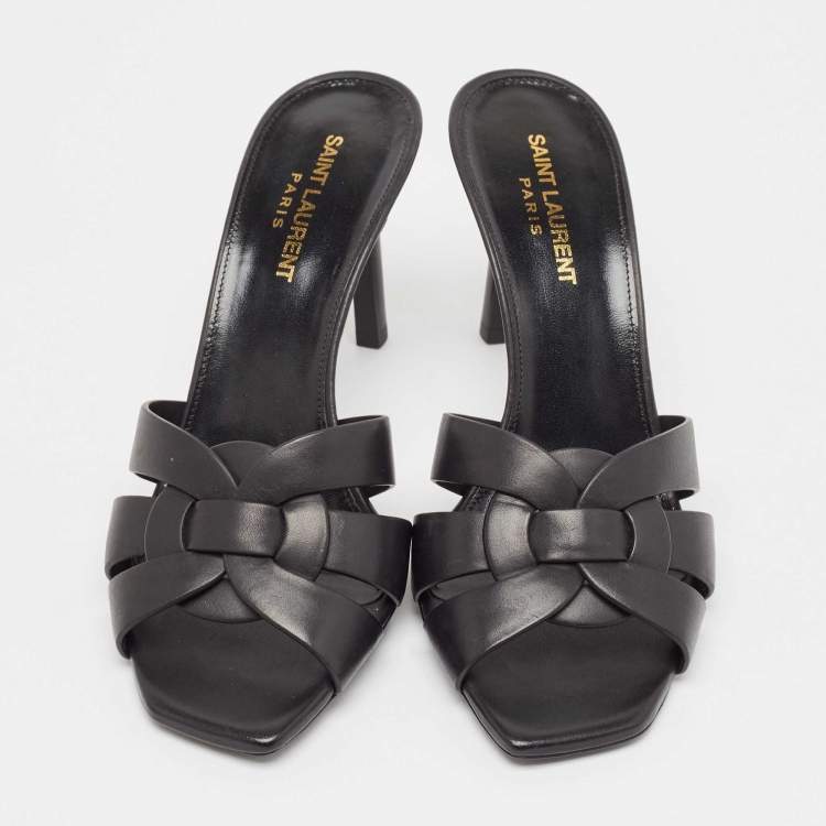 Pre Owned Saint Laurent Black Leather Tribute Slides Sandals Size 38.5