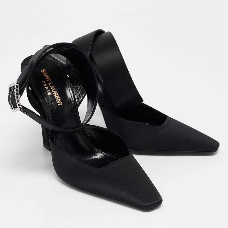 Pre Owned Saint Laurent Black Satin Claude Slingback Pumps Size 38.5