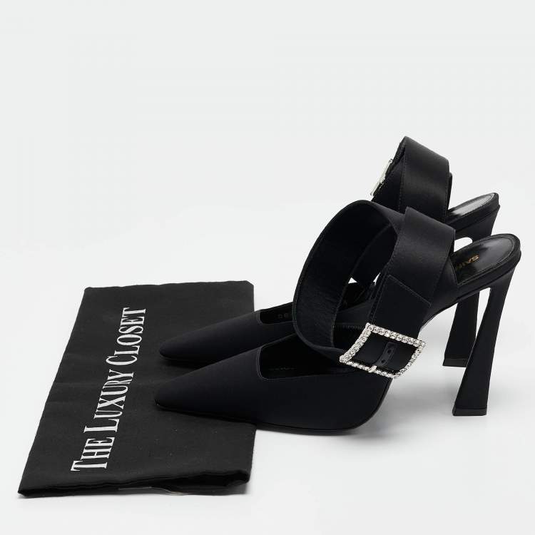 Pre Owned Saint Laurent Black Satin Claude Slingback Pumps Size 38.5