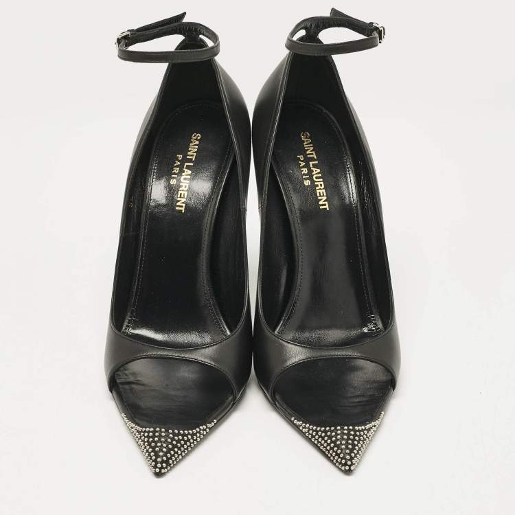 Pre Owned Saint Laurent Black Leather Palace Open Toe Pumps Size 40