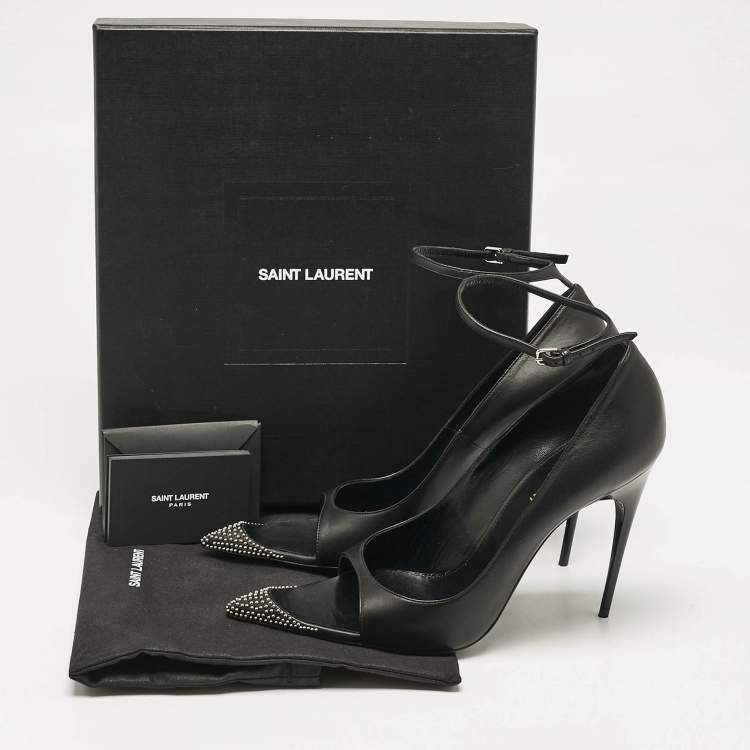 Pre Owned Saint Laurent Black Leather Palace Open Toe Pumps Size 40