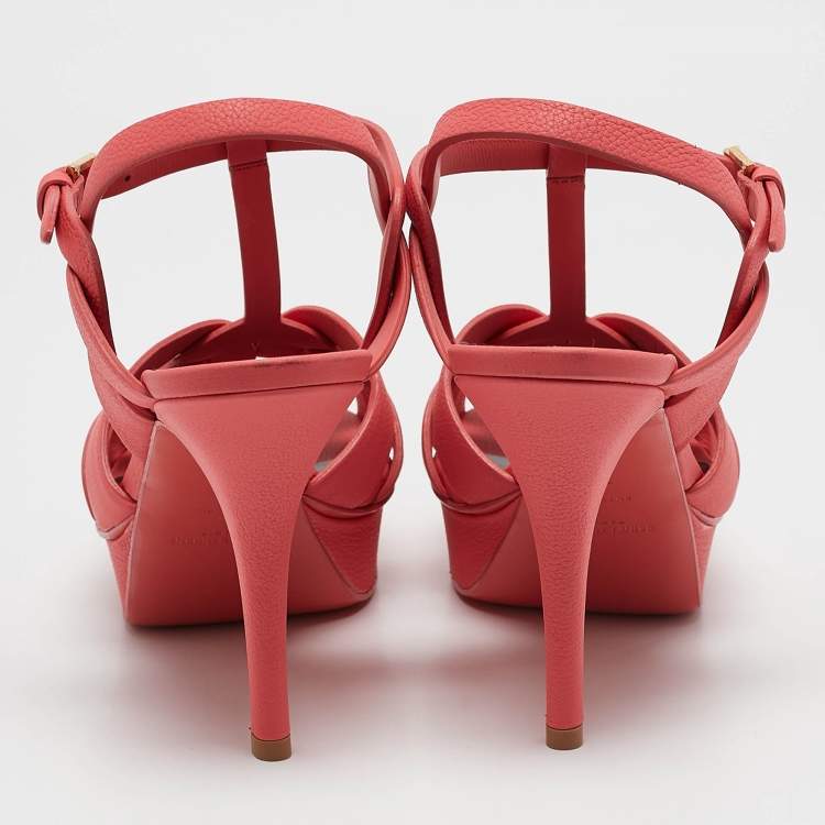 Pre Owned Saint Laurent Coral Pink Leather Tribute Sandals Size 39