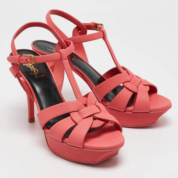 Pre Owned Saint Laurent Coral Pink Leather Tribute Sandals Size 39