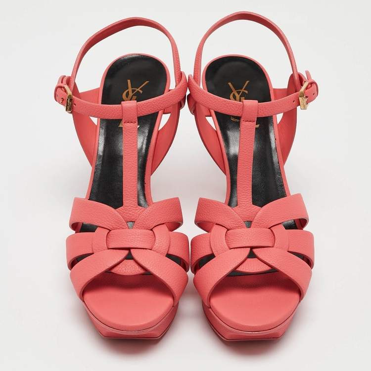 Pre Owned Saint Laurent Coral Pink Leather Tribute Sandals Size 39