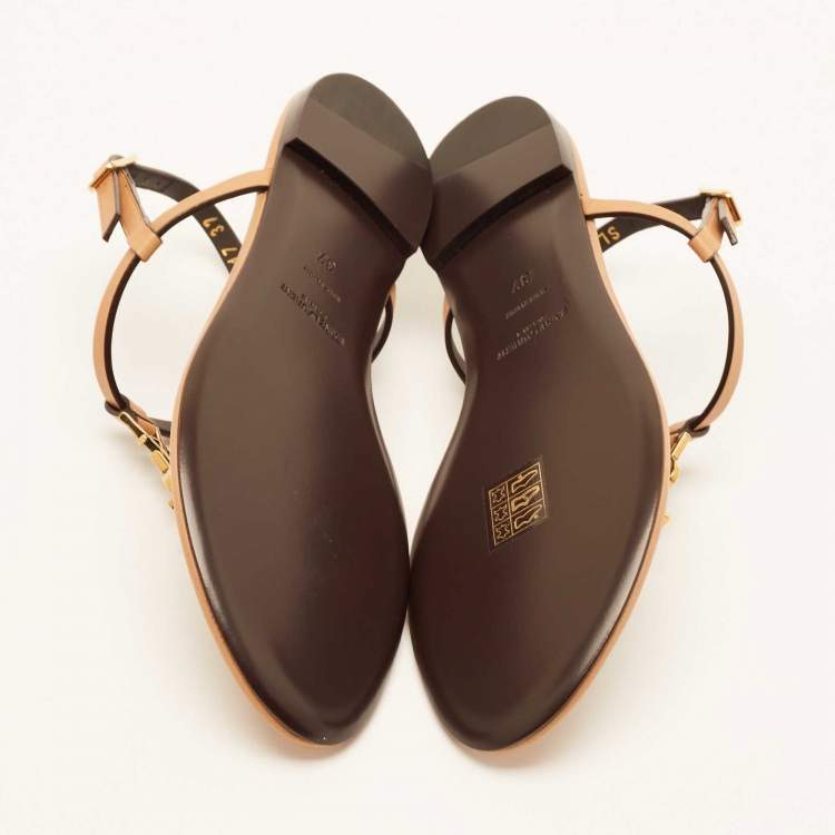 Pre Owned Saint Laurent Brown Leather Cassandra Flat Sandals Size 37
