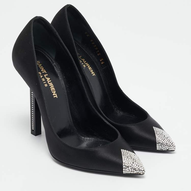 Pre Owned Saint Laurent Black Satin Crystal Embellished Tower 110 Pointed Toe Pumps Size 36