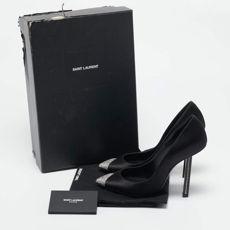 Pre Owned Saint Laurent Black Satin Crystal Embellished Tower 110 Pointed Toe Pumps Size 36