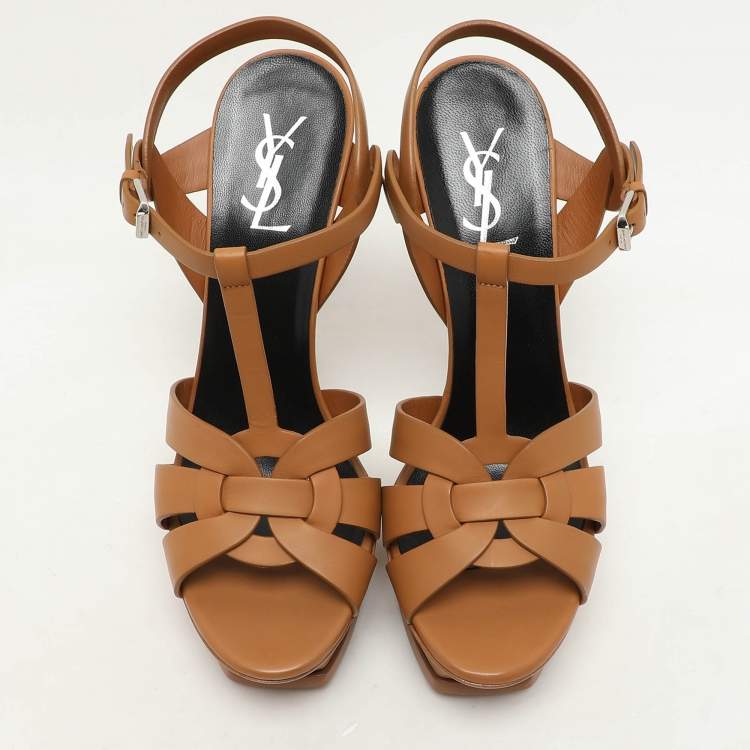 Pre Owned Saint Laurent Brown Leather Tribute Platform Sandals Size 40