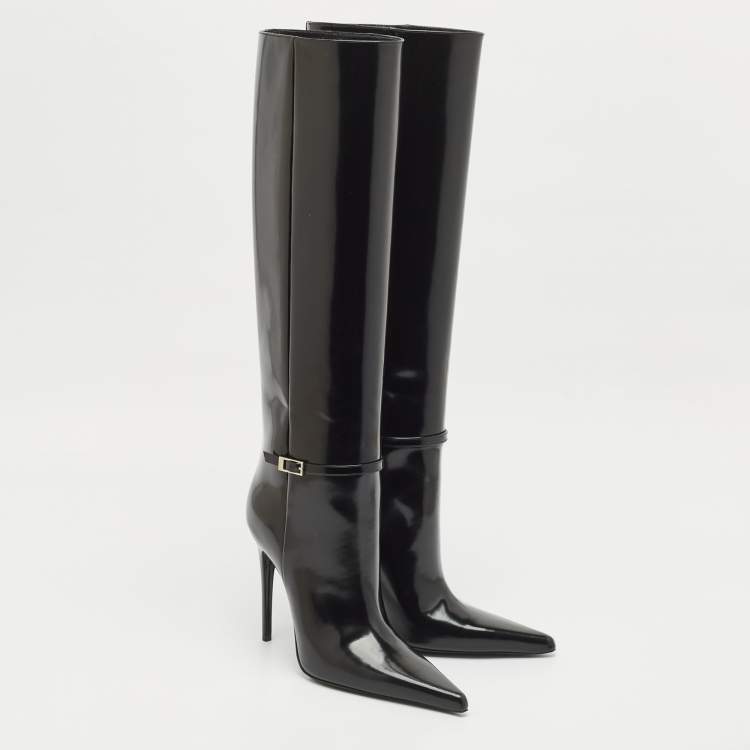 Pre Owned Saint Laurent Black Glazed Leather Vendome Knee Length Boots Size 39 