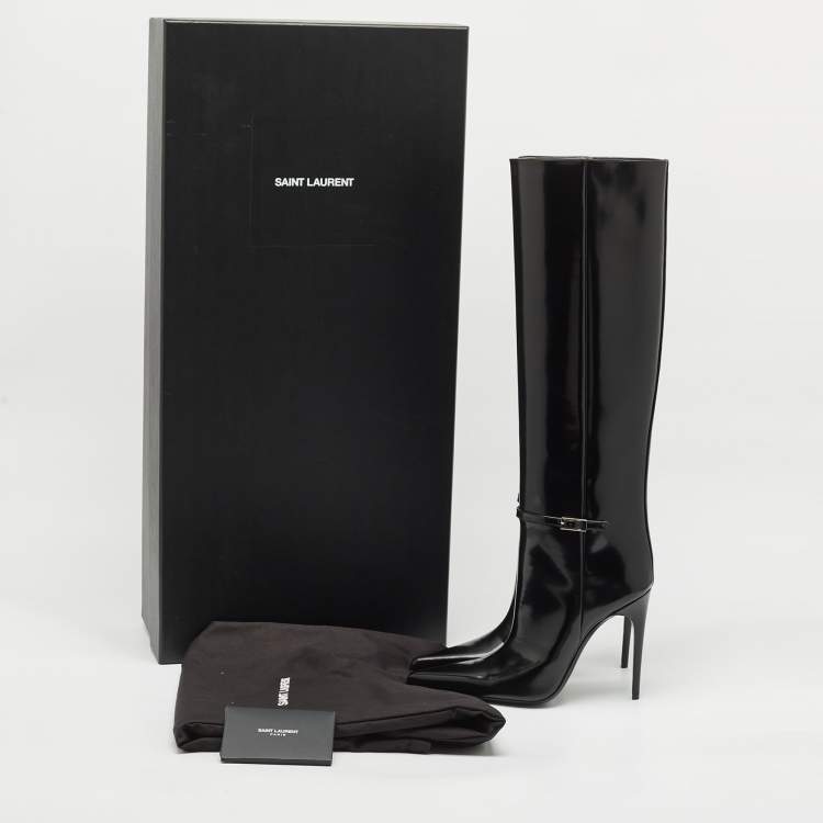 Pre Owned Saint Laurent Black Glazed Leather Vendome Knee Length Boots Size 39 