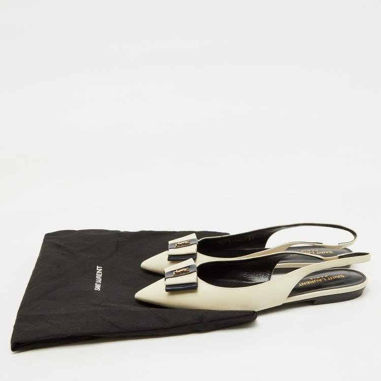 Pre Owned Saint Laurent White/Navy Blue Leather Anais Slingback Flats Size 37