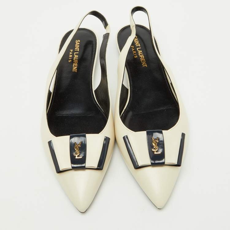 Pre Owned Saint Laurent White/Navy Blue Leather Anais Slingback Flats Size 37
